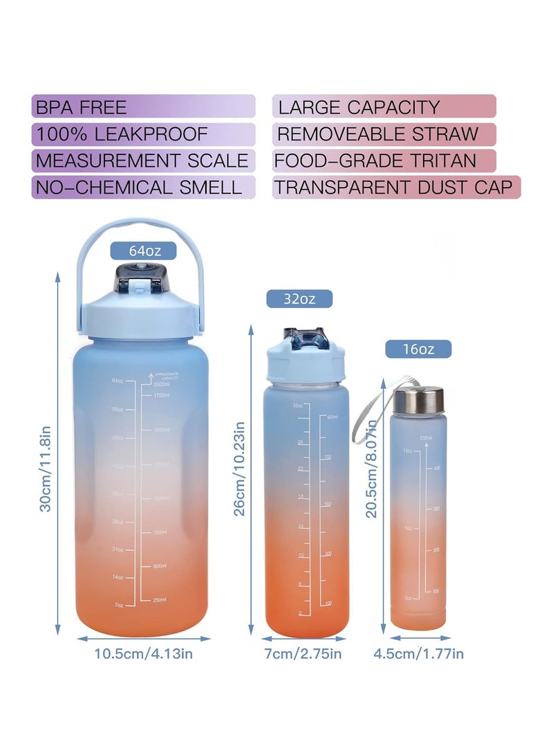 Motivational Water Bottle with Straw 3 Pcs, 64oz 32oz 16oz Time Marker Large Drinking Bottles Leakproof Half Gallon 2L Water Jugs for Sports Gym Travel BPA Free - Gradient Blue - Image 5