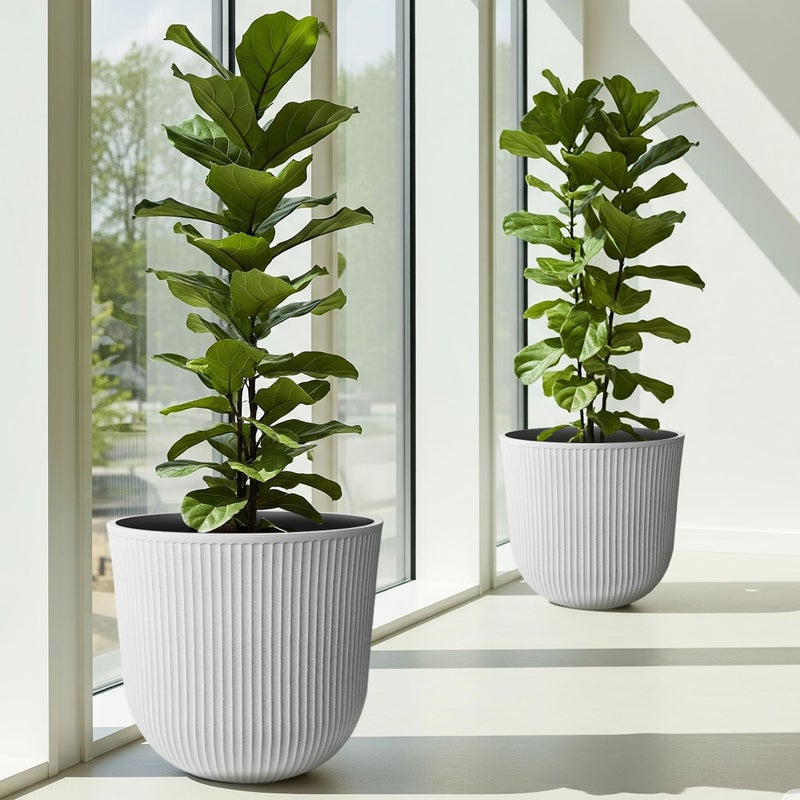 WORTH Garden Round Large Planter Pot Set of 2-17.5" Dia x 15.5" H - Durable Plastic White Plant Tree Pots with Vertical Stripe Textured Finish, Drainage Hole for Indoor, Outdoor, Front Porch, Patio - Image 2