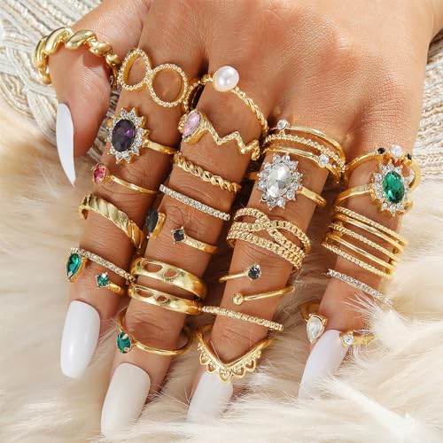 IFKM Gold Jewelry Set For Women, 14k Gold Plated Multi Layer Necklaces Bracelets Stackable Knuckle Rings Hoop Earrings set, Trendy Elegance Charms Non Tarnish Minimalist Textured Boho Jewelry Gift - Image 5