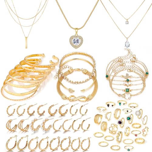 IFKM Gold Jewelry Set For Women, 14k Gold Plated Multi Layer Necklaces Bracelets Stackable Knuckle Rings Hoop Earrings set, Trendy Elegance Charms Non Tarnish Minimalist Textured Boho Jewelry Gift - Image 1