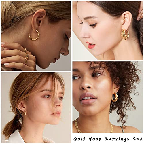 IFKM Gold Jewelry Set For Women, 14k Gold Plated Multi Layer Necklaces Bracelets Stackable Knuckle Rings Hoop Earrings set, Trendy Elegance Charms Non Tarnish Minimalist Textured Boho Jewelry Gift - Image 4