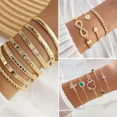 IFKM Gold Jewelry Set For Women, 14k Gold Plated Multi Layer Necklaces Bracelets Stackable Knuckle Rings Hoop Earrings set, Trendy Elegance Charms Non Tarnish Minimalist Textured Boho Jewelry Gift - Image 3