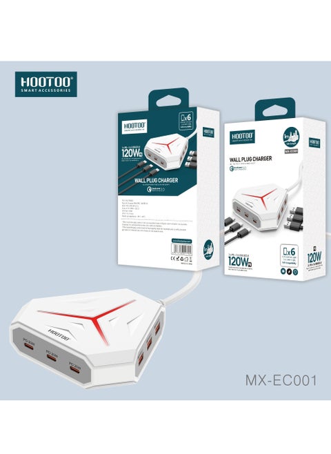 Wall plug charger 120W multiple protection, superior safety, with three USB-A QC3.0 and three USB-C PD,1M length, suitable for phones, laptops,and taplets with safe and high qulity charging-from hooto