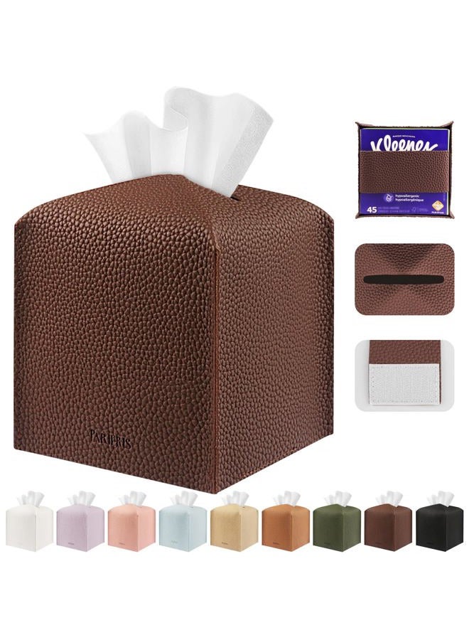 PARIERIS Tissue Box Cover Holder Square Tissue Cube Cover PU Leather Tissue Organizer with Bottom Belt for Bathroom, Tabletop, Car, Night Stands, Office, Home, Kitchen (1, CoffeeBrown) - Image 1