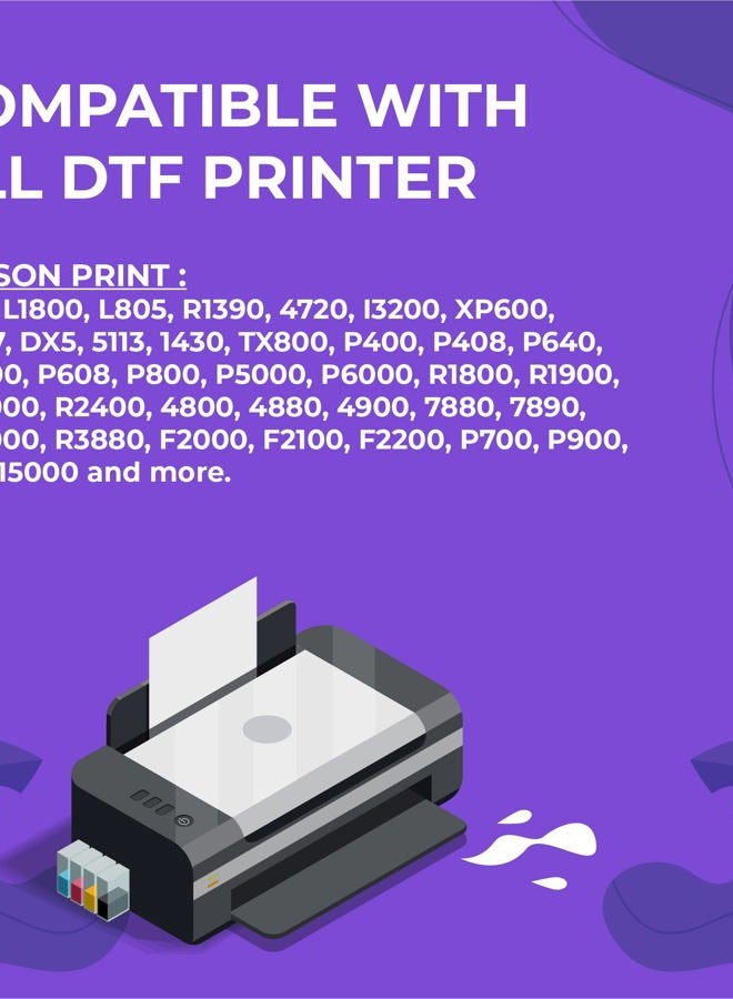 Enlite DTF Ink 250ML Combo Pack, Premium Pigment Ink for PET Film Heat Transfer Printing, Refill for DTF Printer with printhead DX5 DX7 5113 XP600 I3200 4720 TX800, 2W+1B+1C+1M+1Y - Image 3