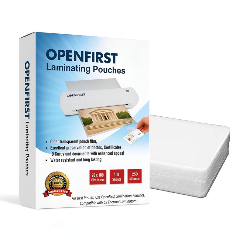 OPENFIRST 250 Microns ID Card Size Premium Thermal Lamination Pouch | (70mm x 100mm) | Glossy, Waterproof & Clear | for Aadhaar, PAN, Driving License, School & Employee ID Etc (Pack of 100 Pouches) - Image 1
