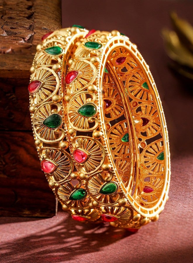 Rubans Set of 2, 24K Gold-Plated Handcrafted Bangles with Ruby Red & Emerald Green Stones - Image 4