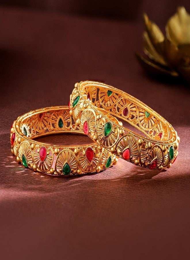 Rubans Set of 2, 24K Gold-Plated Handcrafted Bangles with Ruby Red & Emerald Green Stones - Image 5