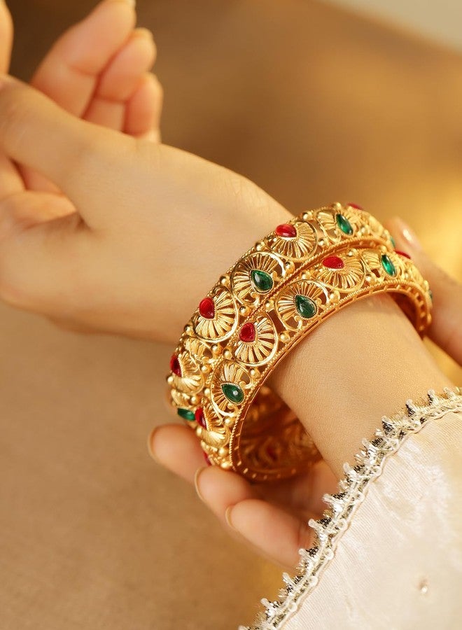 Rubans Set of 2, 24K Gold-Plated Handcrafted Bangles with Ruby Red & Emerald Green Stones - Image 3