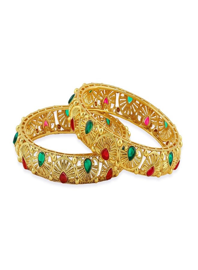 Rubans Set of 2, 24K Gold-Plated Handcrafted Bangles with Ruby Red & Emerald Green Stones - Image 2