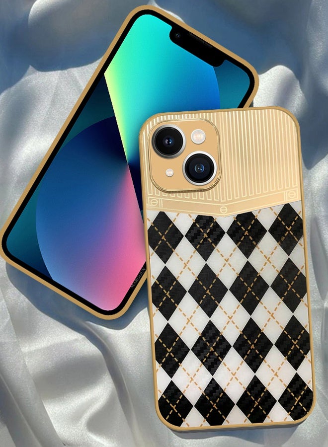 CATANES Luxury Gold Plated Case for iPhone 13 - Hybrid Electroplated Frame Back Cover with Carbon Fiber Texture - Rhombus Pattern Black White - Image 4