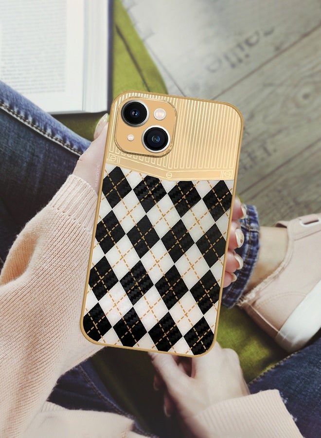 CATANES Luxury Gold Plated Case for iPhone 13 - Hybrid Electroplated Frame Back Cover with Carbon Fiber Texture - Rhombus Pattern Black White - Image 5