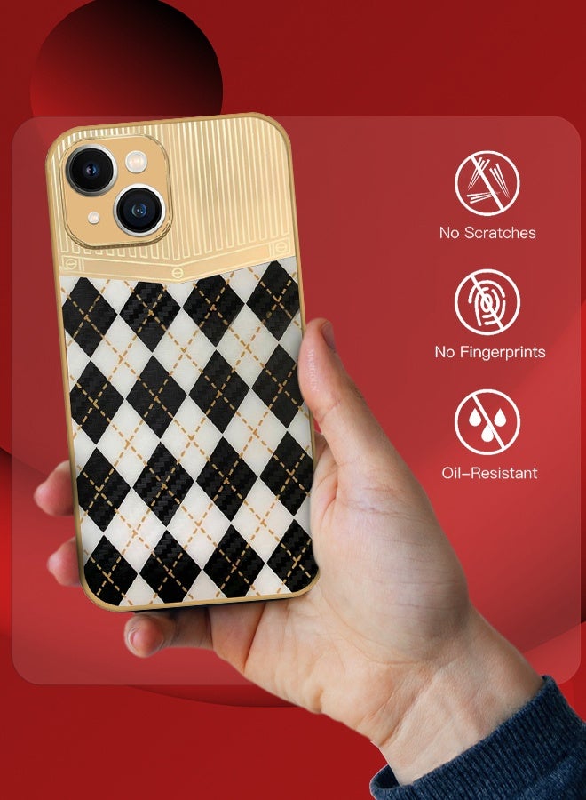 CATANES Luxury Gold Plated Case for iPhone 13 - Hybrid Electroplated Frame Back Cover with Carbon Fiber Texture - Rhombus Pattern Black White - Image 2