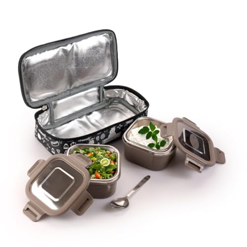 GALOOF 2 Container Stainless Steel Lunchbox – Leak-Proof 400 ml Square Container with Stylish Soft Insulated Cover for Office, School & Travel (Black) - Image 1