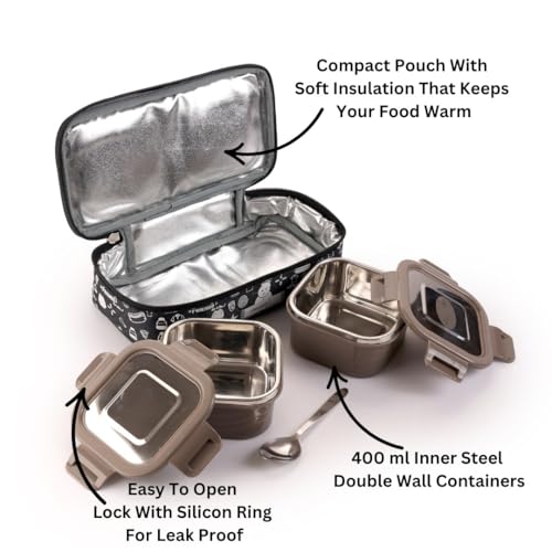 GALOOF 2 Container Stainless Steel Lunchbox – Leak-Proof 400 ml Square Container with Stylish Soft Insulated Cover for Office, School & Travel (Black) - Image 4