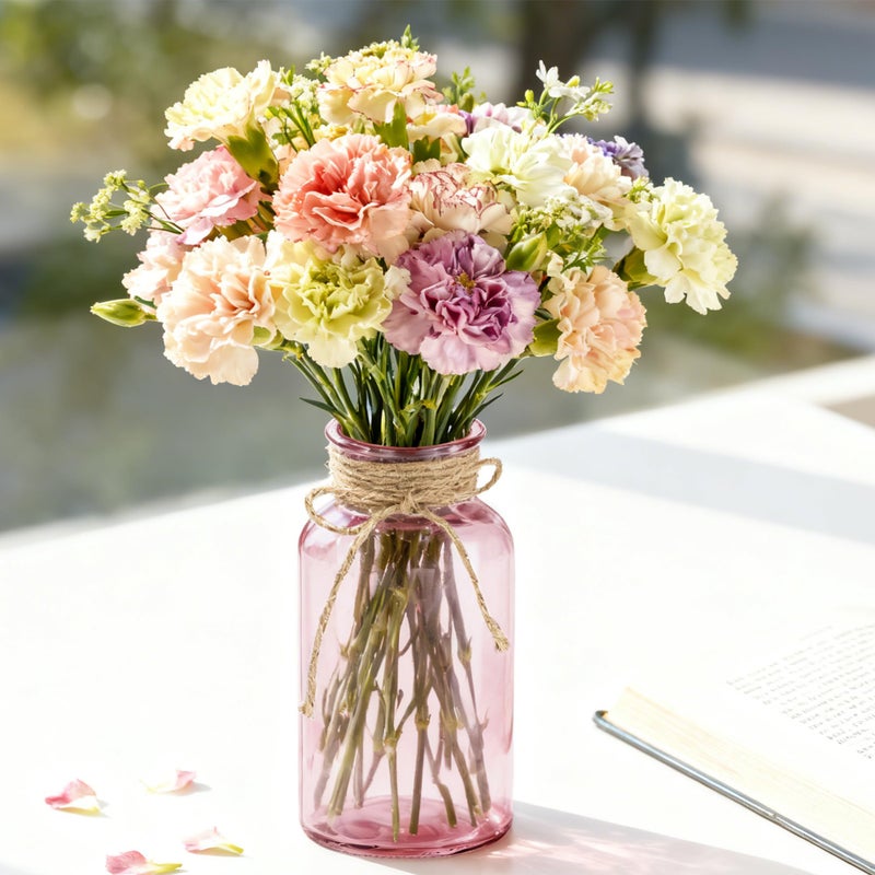 LEYIQU Vintage Glass Flower Vase, Farmhouse Glass Centerpiece Vases Mason Jars for Weddings, Parties & Home Decor Bulk (6, Pink) - Image 3