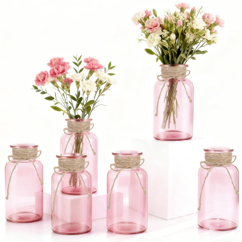 LEYIQU Vintage Glass Flower Vase, Farmhouse Glass Centerpiece Vases Mason Jars for Weddings, Parties & Home Decor Bulk (6, Pink) - Image 1