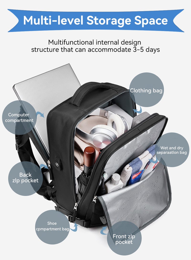 Moovant Large Capacity Travel Backpack, Carry On Backpack, Hiking Backpack, Waterproof Outdoor Sports Rucksack, Multifuctional Luggage Bag, with USB Charge Port and Shoe Barn, 30x17x43cm, Black  - Image 3