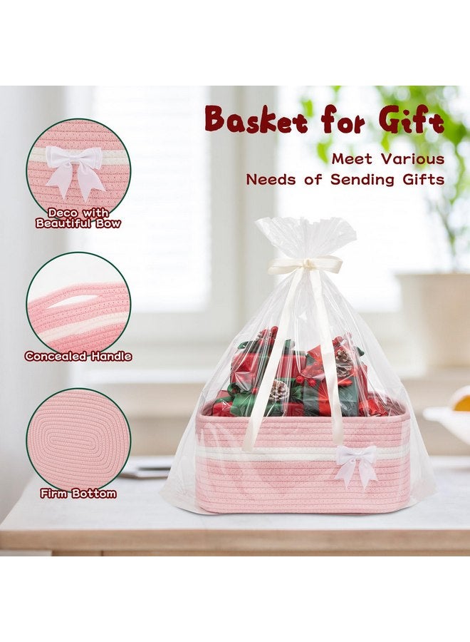 OIAHOMY Christmas Basket, Woven Basket for Gifts Empty with Gift Bags and Ribbons, Rope Basket for Decorations, Storage Basket with Handles for Nursery, Pet Toy Basket - Pink - Image 3