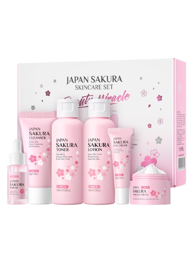 Laikou Sakura Skincare Gift Sets for Women - 6-Step Routine With Cleanser, Toner, Lotion, Serum, Eye Serum, Essence - Gifts for Teenage Girls - Vegan & Cruelty-Free (6PCS) - Image 1