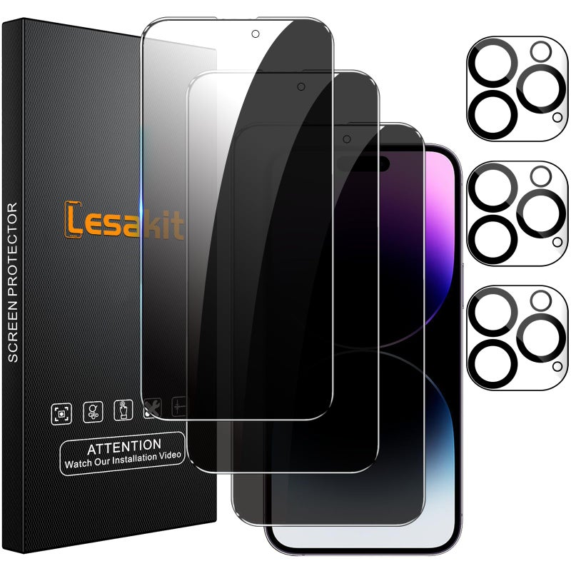 Lesakit 3+3 Pack Privacy Screen Protector for iPhone 14 Pro Max 6.7-Inch with 3 Pack Camera Lens Protector, Anti Spy Tempered Glass Film 9H Hardness Bubble Free Case Friendly - Image 1
