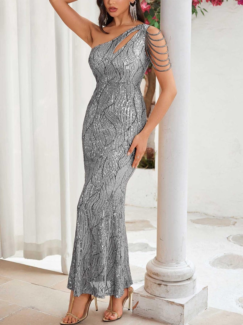 Meilun Elegant Sequin Dresses for Wedding Guest One Shoulder Dress for Women with Bead Maxi Formal Gowns(A-Grey,S) - Image 2