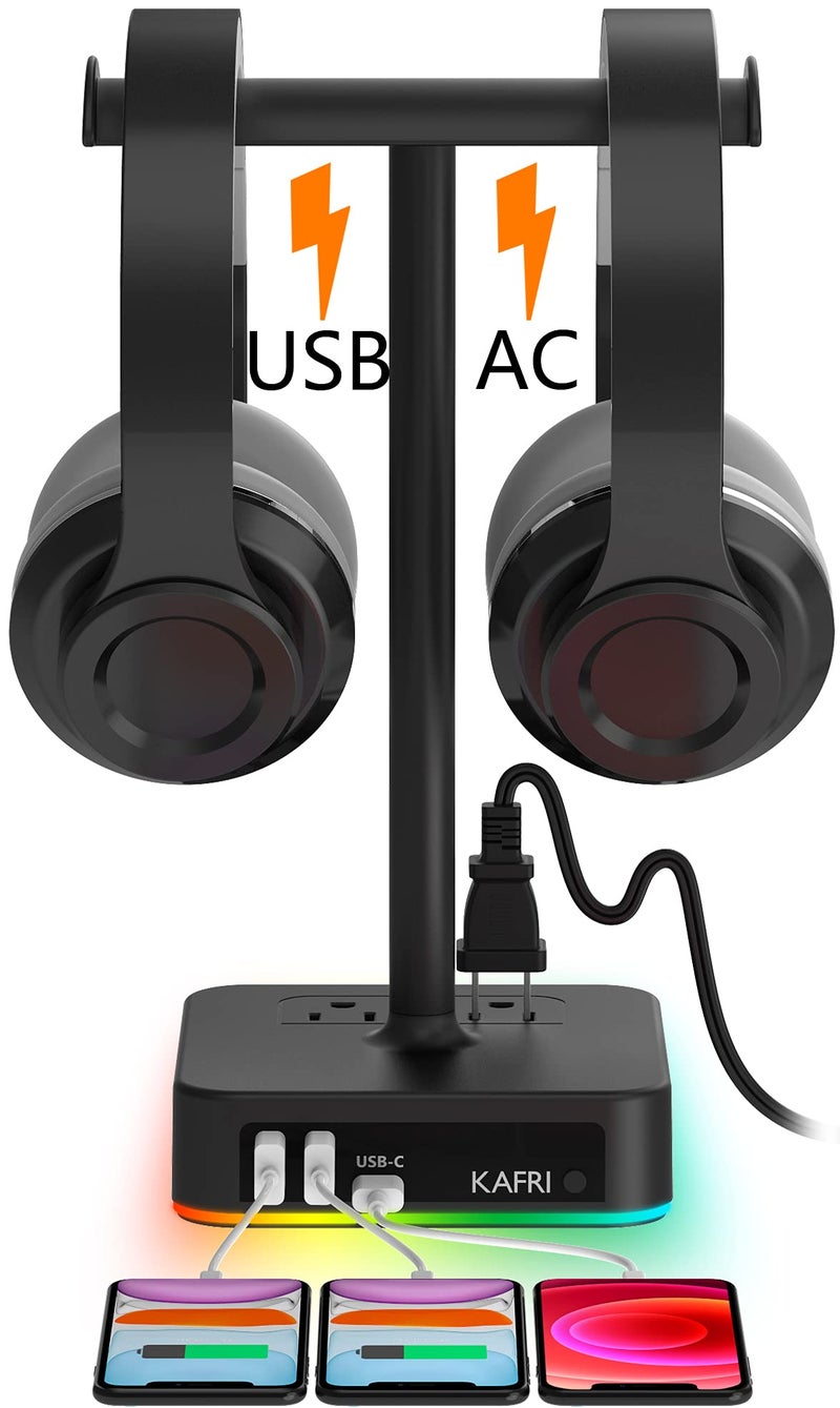 KAFRI RGB Dual Headphone Stand with USB C Charger Desk Gaming Double Headset Holder Hanger Rack with 3 USB Charging Port and 2 Outlet  Suitable for Gamer Desktop Table Game Earphone Accessories Gift