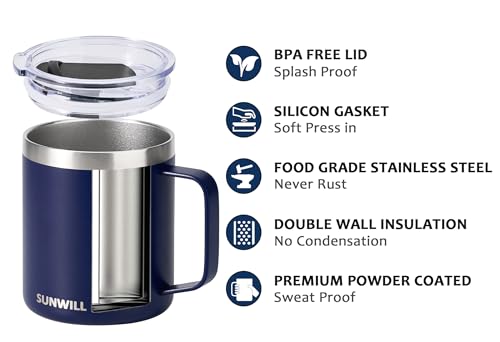 SUNWILL Insulated Coffee Mug with Lid, Travel Tumbler with Handle, 14oz Stainless Steel Cup for Camping, Office, Home, Powder Coated Navy Blue - Image 2