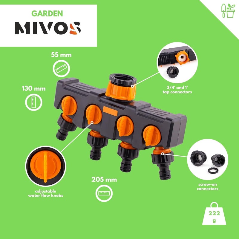 MIVOS موزع رباعي الاتجاهات للحنفيات بخيط ذكر 3/4 بوصة و1 بوصة - موزع ماء رباعي الاتجاهات - موزع للتوصيل المتزامن - تدفق المياه - Image 2