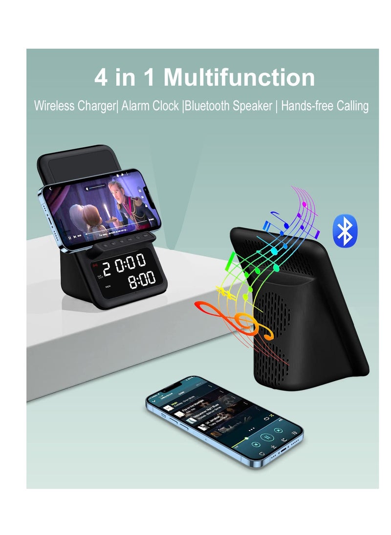 Excefore - Wireless Charging Station with Bluetooth Speaker and Alarm Clock, 4 in 1 Wireless Charger, Compatible for iPhone Series, for Samsung Series and More (Black) - Image 1