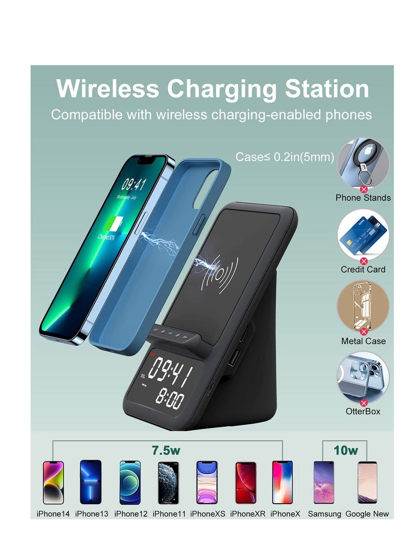 Excefore - Wireless Charging Station with Bluetooth Speaker and Alarm Clock, 4 in 1 Wireless Charger, Compatible for iPhone Series, for Samsung Series and More (Black) - Image 1