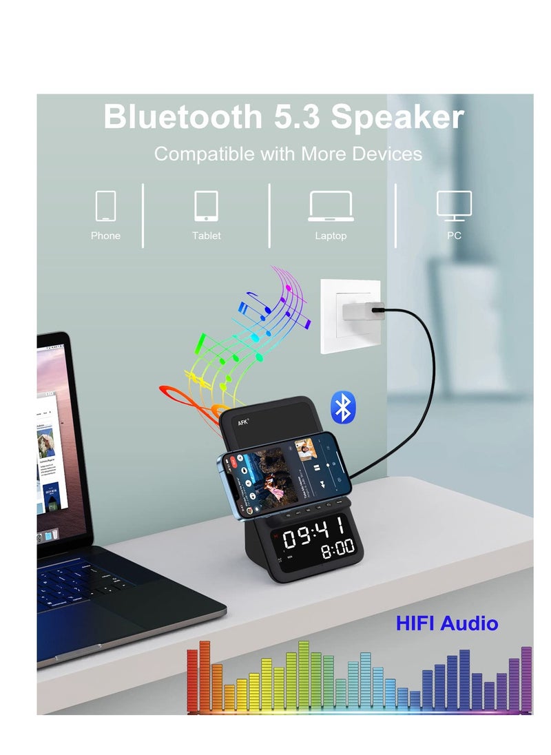 Excefore - Wireless Charging Station with Bluetooth Speaker and Alarm Clock, 4 in 1 Wireless Charger, Compatible for iPhone Series, for Samsung Series and More (Black) - Image 1
