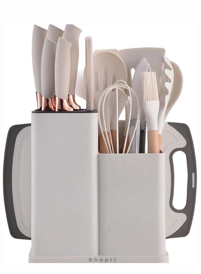 بيتشو طقم أدوات مطبخ، ١٩ قطعة، أدوات مطبخ احترافية وأنيقة للطهاة. تتضمن المجموعة سكاكين، ملاعق، ملاعق، مغارف، مثالية كهدية زفاف أو كهدية منزلية. طقم أدوات مطبخ سيليكون احترافي للطهاة، أبيض. - Image 1