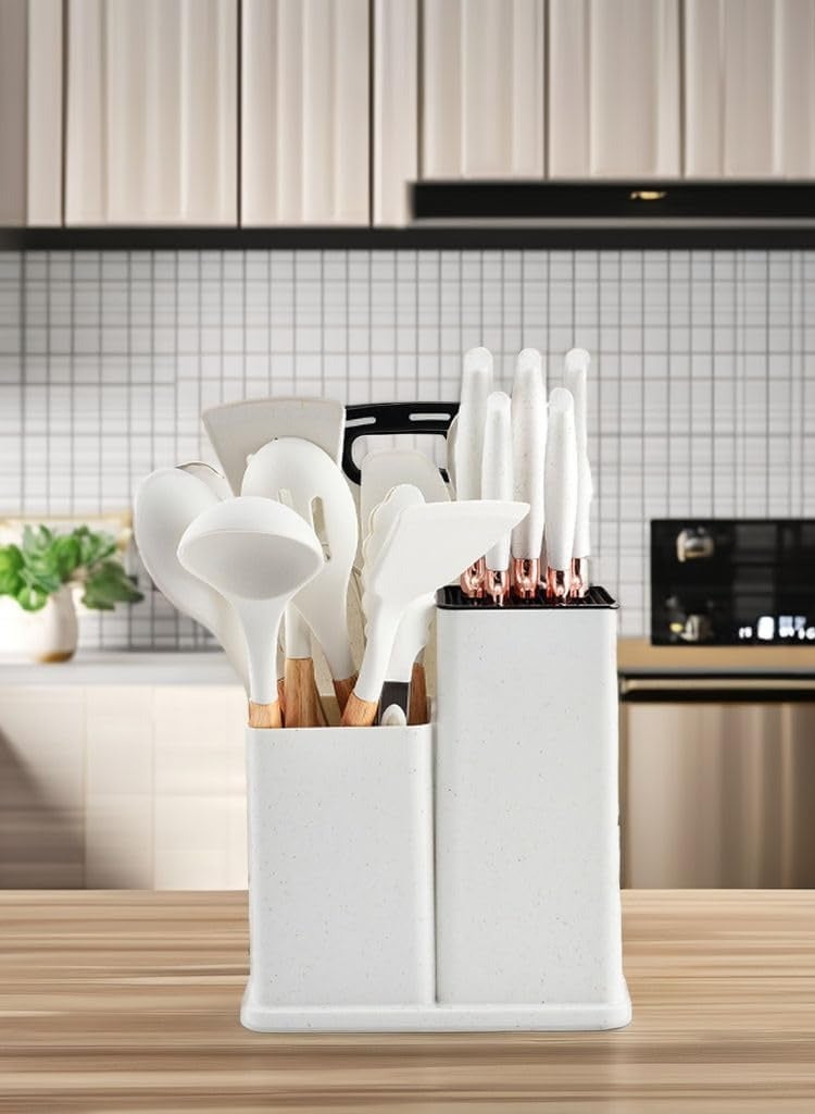 بيتشو طقم أدوات مطبخ، ١٩ قطعة، أدوات مطبخ احترافية وأنيقة للطهاة. تتضمن المجموعة سكاكين، ملاعق، ملاعق، مغارف، مثالية كهدية زفاف أو كهدية منزلية. طقم أدوات مطبخ سيليكون احترافي للطهاة، أبيض. - Image 2