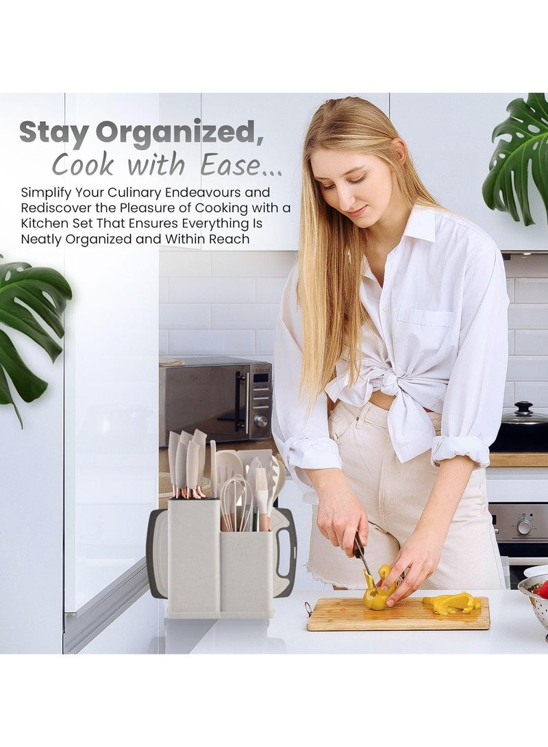 بيتشو طقم أدوات مطبخ، ١٩ قطعة، أدوات مطبخ احترافية وأنيقة للطهاة. تتضمن المجموعة سكاكين، ملاعق، ملاعق، مغارف، مثالية كهدية زفاف أو كهدية منزلية. طقم أدوات مطبخ سيليكون احترافي للطهاة، أبيض. - Image 4