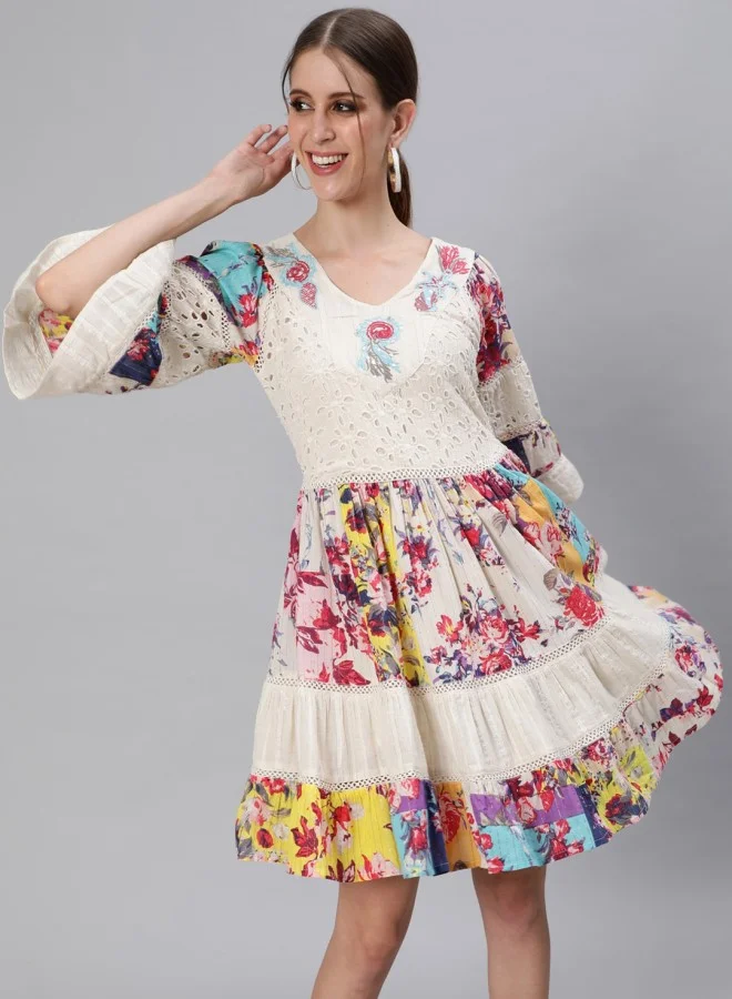 آي شين Women's Off White 100% Cotton Self Design A-Line Dress