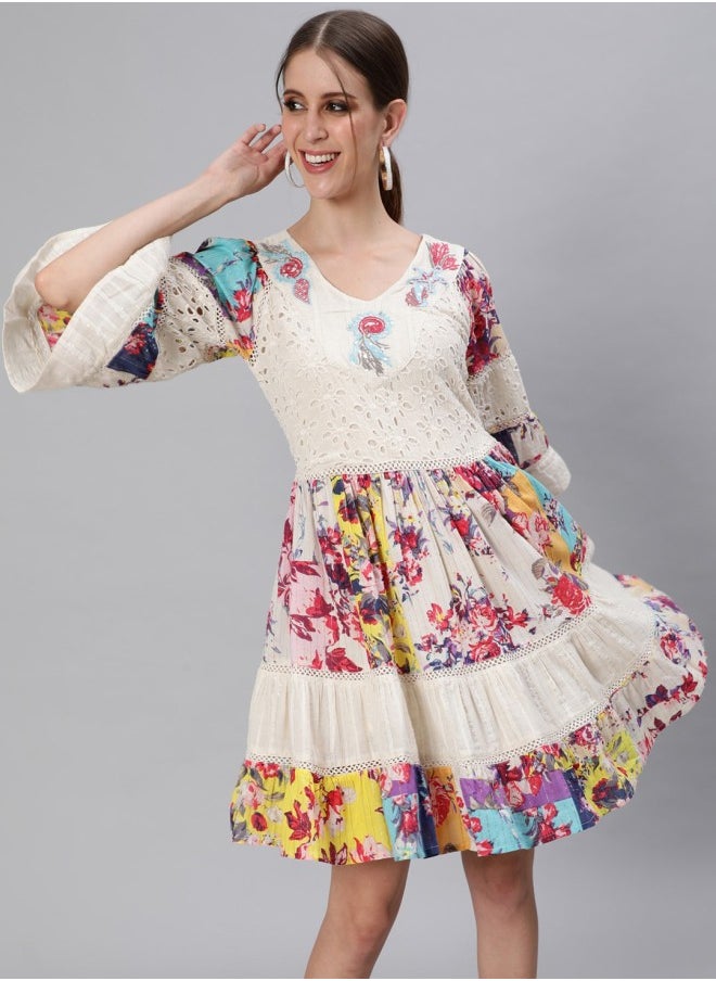 ISHIN Women's Off White 100% Cotton Self Design A-Line Dress  - Image 1