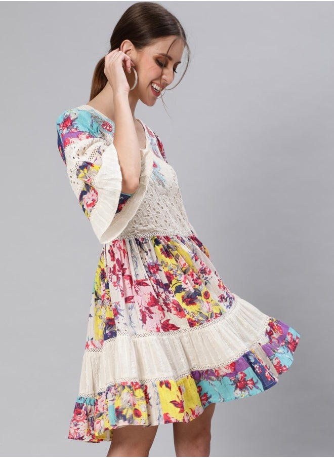 ISHIN Women's Off White 100% Cotton Self Design A-Line Dress  - Image 3