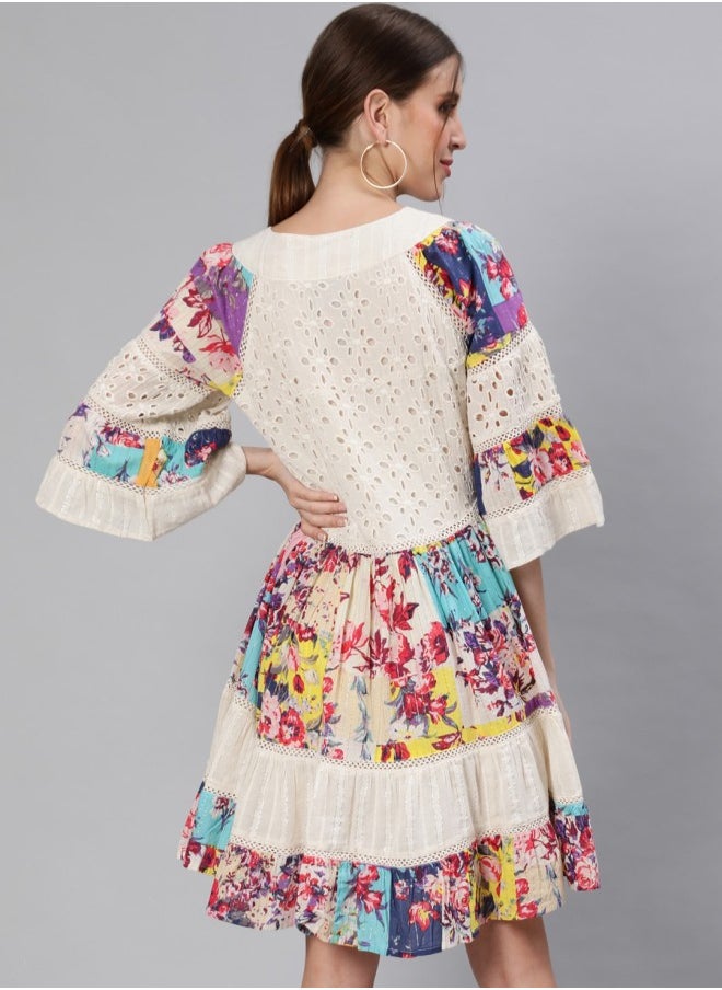 ISHIN Women's Off White 100% Cotton Self Design A-Line Dress  - Image 5