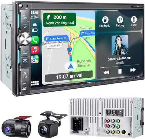 SJOYBRING QLED Double Din Car Stereo with Dash Cam Backup Camera Wireless Apple CarPlay Android Auto Bluetooth 42Ch 2 Subwoofers Outputs 7 inch Touchscreen MirrorLink FMAM Radio - Image 1