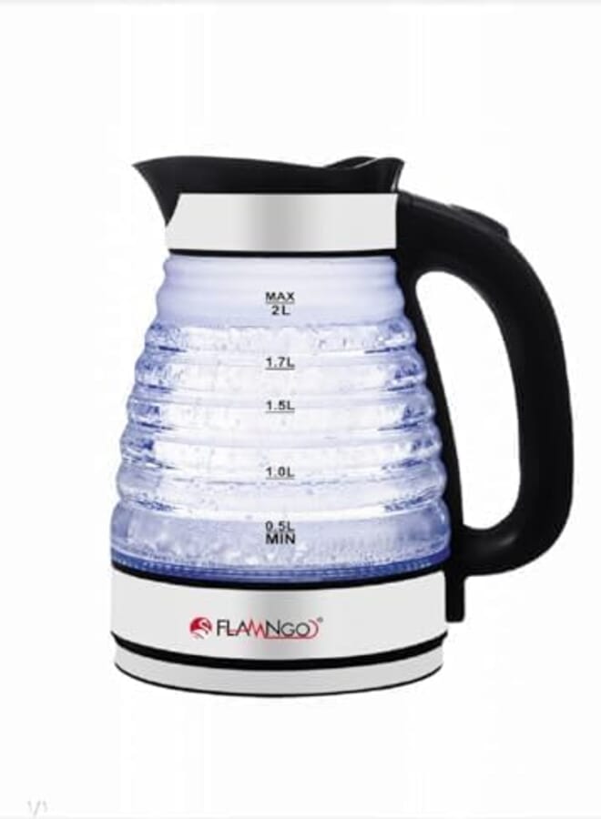 Flamingo Electric Kettle Pyrex Body, LED Light, Stainless Steel Heater, 2 Liter, 1500 Watts