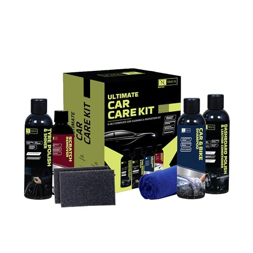 N Treck NTreck Ultimate Car Cleaning Kit - 6 Pcs | Contains Dashboard Leather Conditioner & Tyre Polish, Car & Bike Shampoo, Scratch Remover, Microfiber Cloth & 2 Applicators | Washing Kit - Image 1