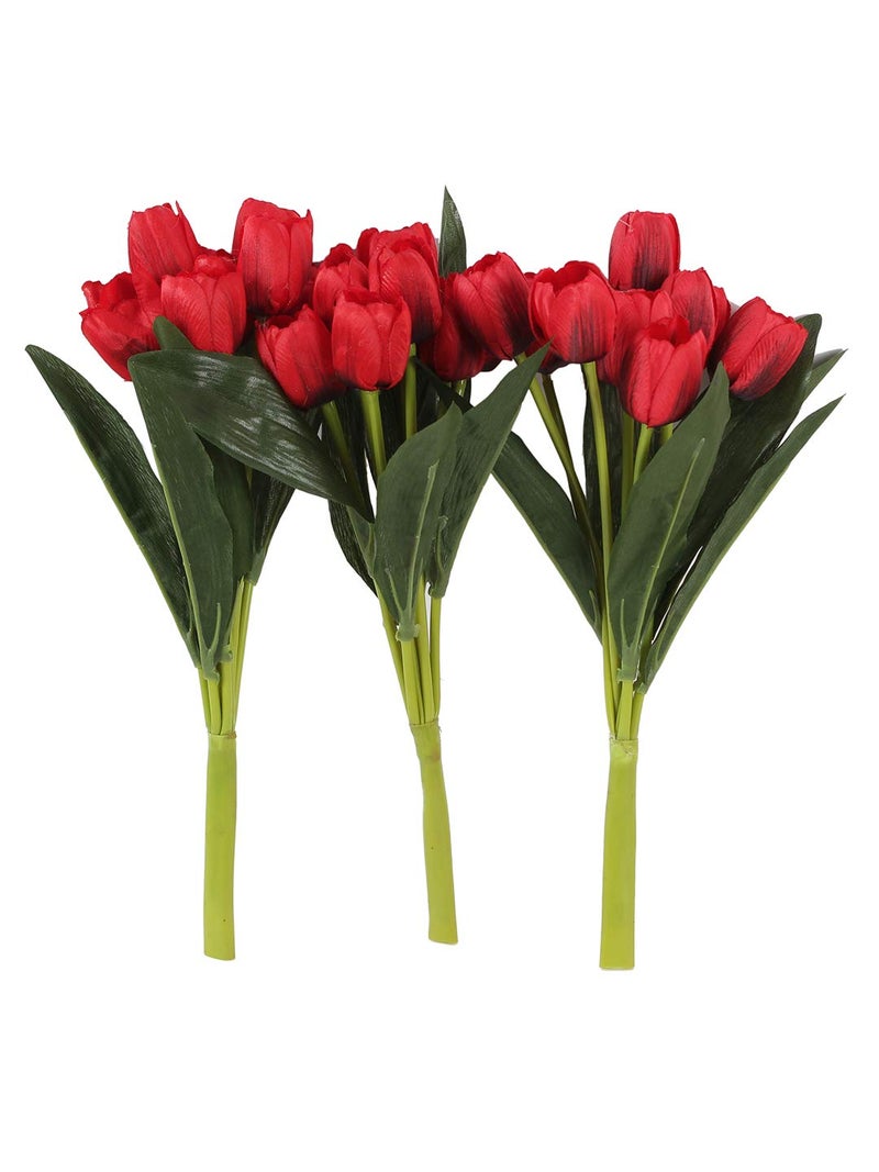 Fourwalls Beautiful Decorative Artificial Tulip Flower Bunch for Home dcor 40 cm Tall 9 Heads Set of 3 Red - Image 2