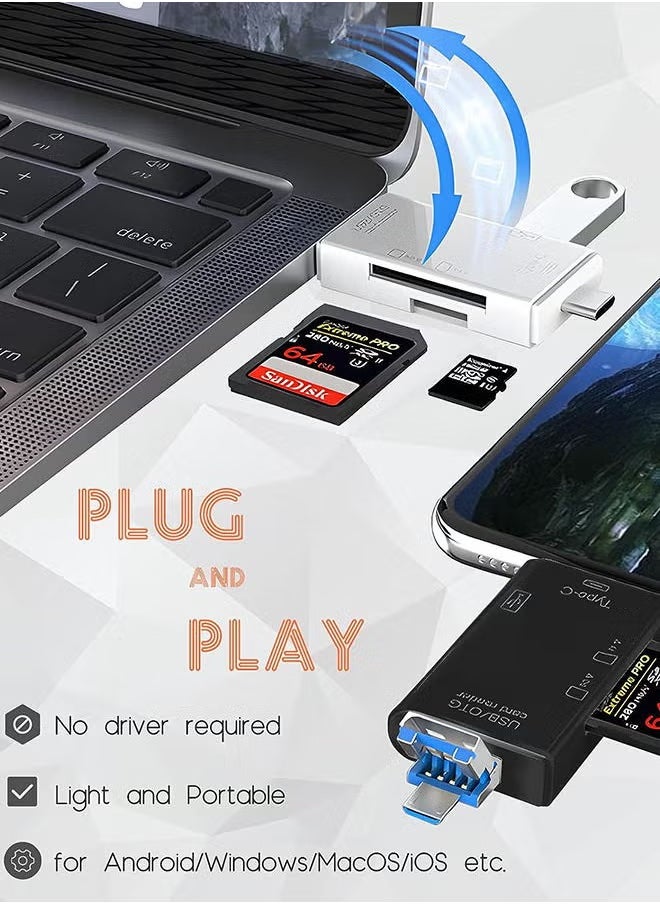 Micro SD Card Reader for Android, Micro SD Card to USB Adapter, USB C SD Card Reader for Camera Memory Card Reader, Wansurs 6 in 1 SD Card Reader (White)