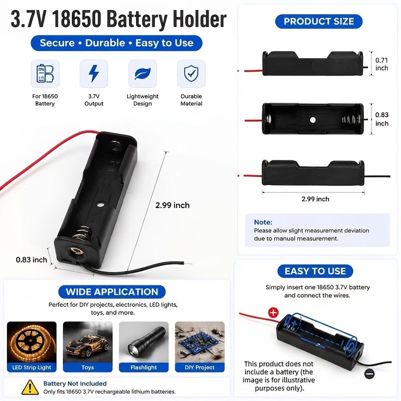 حامل بطارية 18650 مع مفتاح، قطعتان، أسلاك ملحومة مسبقًا 3.7V، حجرة بطارية للدوائر الكهربائية، مصابيح LED، ألعاب، البطاريات غير متضمنة - Image 5