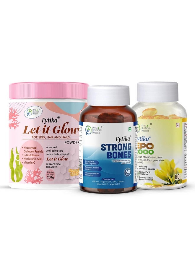 Fytika Wellness Combo Pack - Let It Glow Collagen Powder 200g + Strong Bones Calcium D2 Tablets 60s + EPO 1000 Evening Primrose Oil 60 Softgels | Skin, Bone & Hormonal Support - Image 1