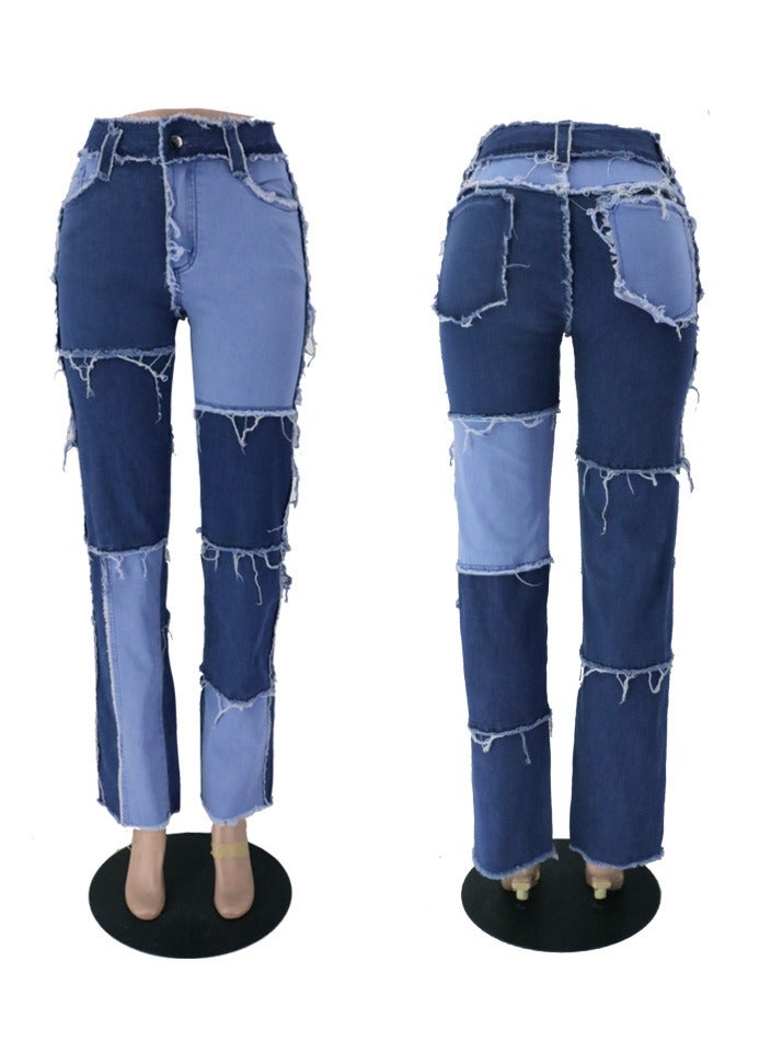 Loquat Trendy Variegated Panels, High-waisted Women's Straight-leg Denim Trousers - Image 2