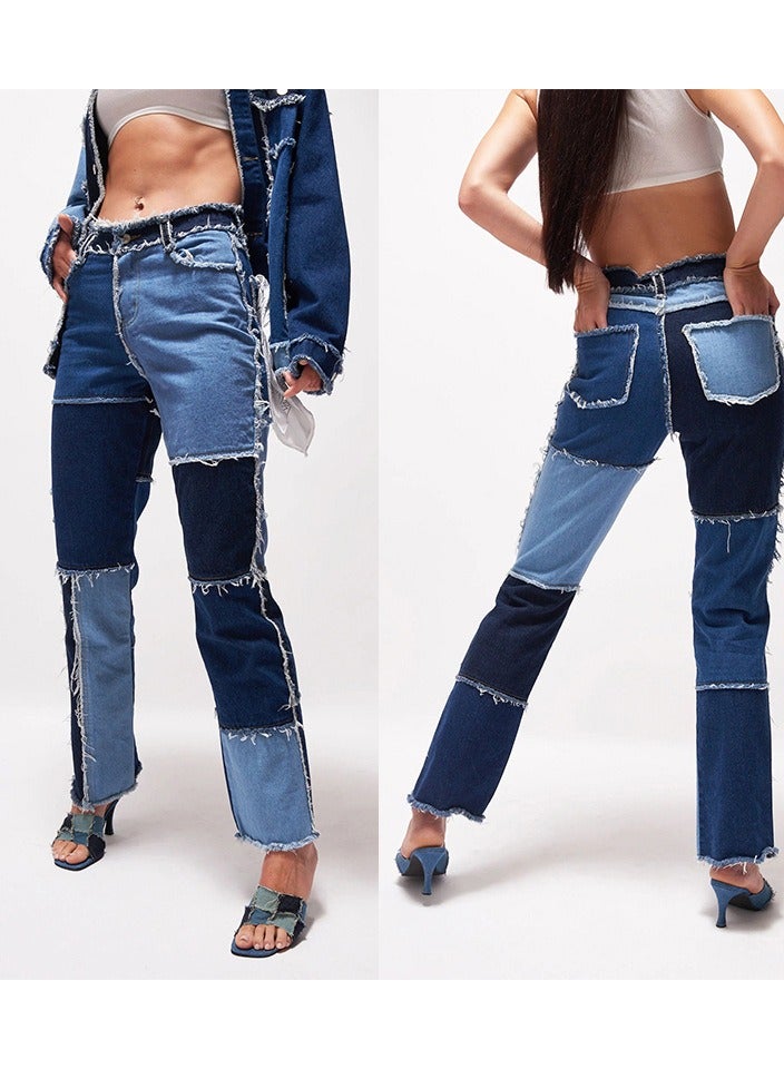 Loquat Trendy Variegated Panels, High-waisted Women's Straight-leg Denim Trousers - Image 1