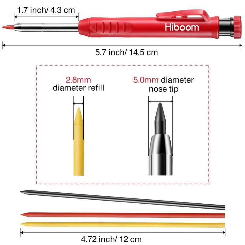 HI-BOOM Hiboom 2 Pack Solid Carpenter Pencil With 14 Refill  Long Nosed Deep Hole Mechanical Pencil Marker With Built-In Sharpener For Carpenter Woodworking Architect With Design Patent (Black  Red) - Image 3