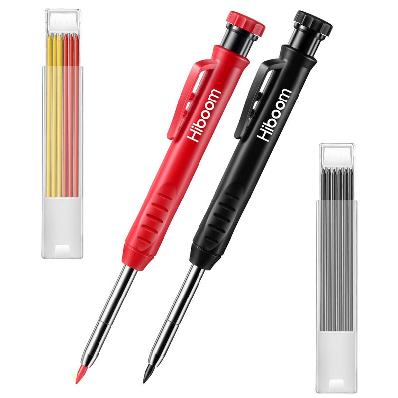 HI-BOOM Hiboom 2 Pack Solid Carpenter Pencil With 14 Refill  Long Nosed Deep Hole Mechanical Pencil Marker With Built-In Sharpener For Carpenter Woodworking Architect With Design Patent (Black  Red) - Image 1